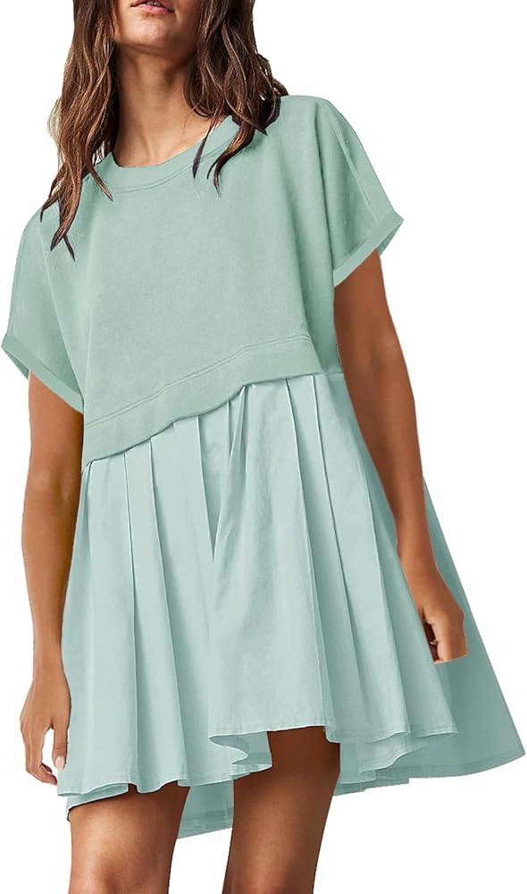 SAUKOLE Womens Summer Crew Neck Short Sleeve Dress Solid Ruffle A Line Beach Boho Long Maxi Dress... | Amazon (US)