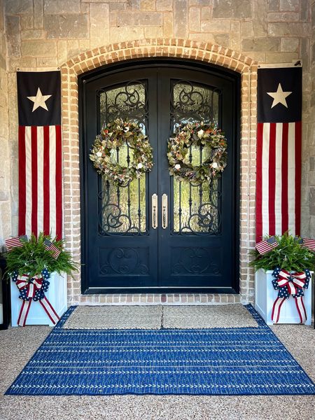 Red white and blue home decor. Patriotic front porch. Pottery barn. Stars and Stripes. Wreath. Summer decor 

#LTKhome #LTKSeasonal
