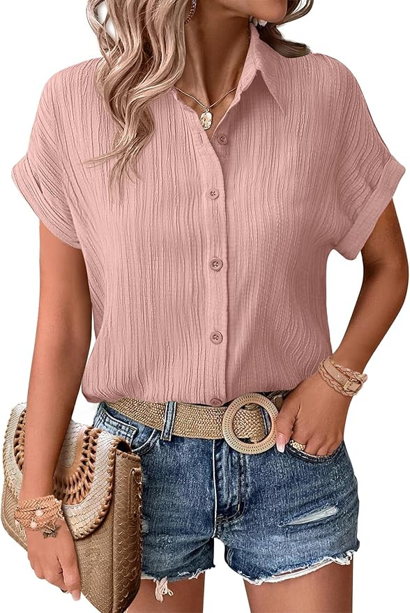 Zeagoo Womens Button Down Shirts Casual Short Sleeve Dress Shirt Textured Collared Summer Clothes... | Amazon (US)