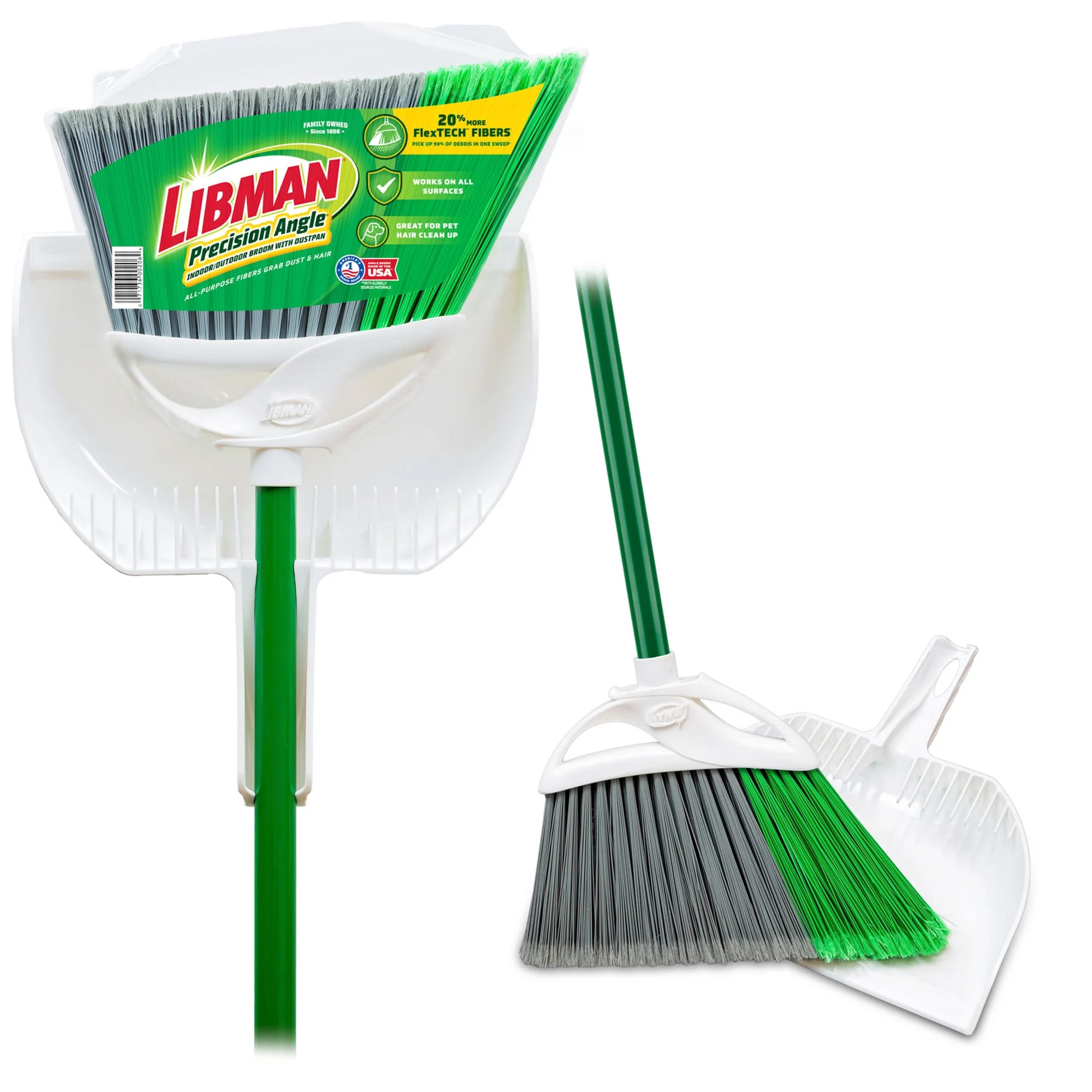 Libman Household Angle Broom and Dust Pan with Clean Fibers Comb, Green/White | Walmart (US)