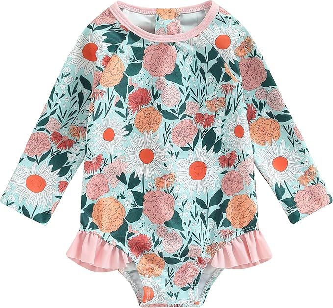 Merqwadd Toddler Baby Girl Swimsuit Rash Guard Long Sleeve One Piece Swimwear Bathing Suit for 1-... | Amazon (US)