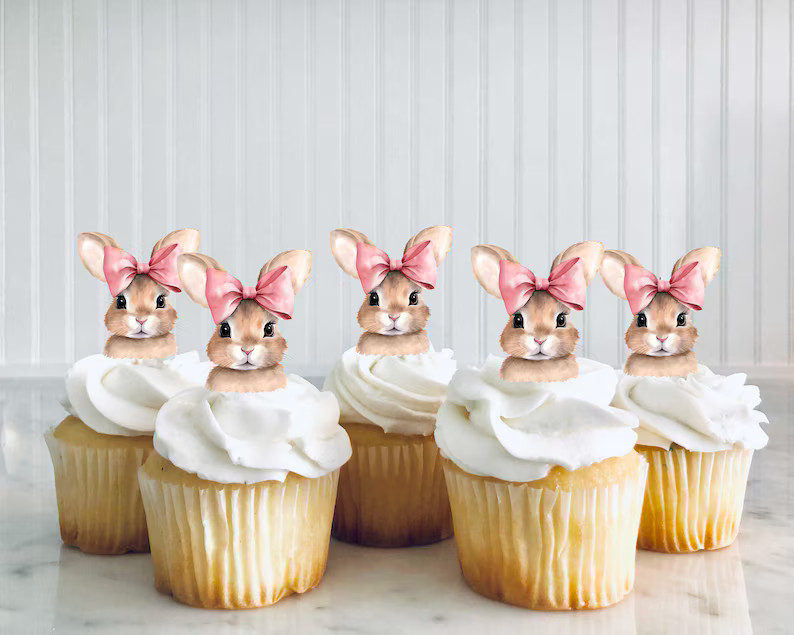 Set of 12 Bunny Cupcake Toppers, Pink Bow Bunny cupcake toppers size 2", Some Bunny birthday part... | Etsy (US)