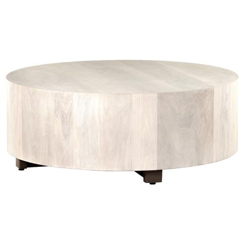 Redding Rustic Lodge Beige Pine Wood Round Drum Coffee Table | Kathy Kuo Home