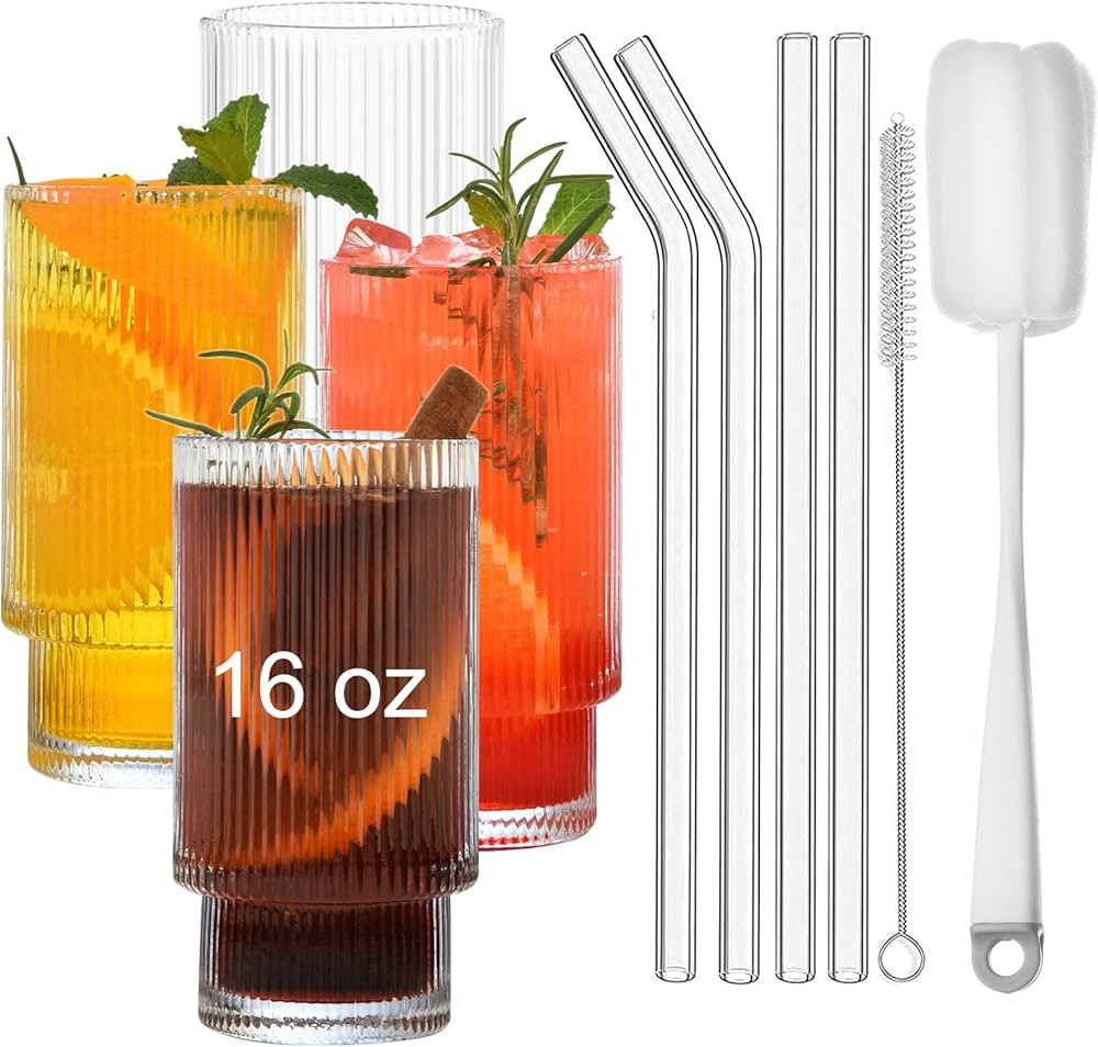 ALINK 16 oz Large Ribbed Glassware Drinking Glasses with Straws Set of 4, Vintage Glassware Iced ... | Amazon (US)