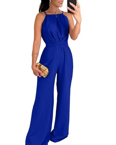 CHICME Women's Sexy Halter Jumpsuits Sleeveless Casual Ruched Blue Rompers Wide Leg Jumpsuit Beach Summer Vacation Outfits-L | Amazon (US)