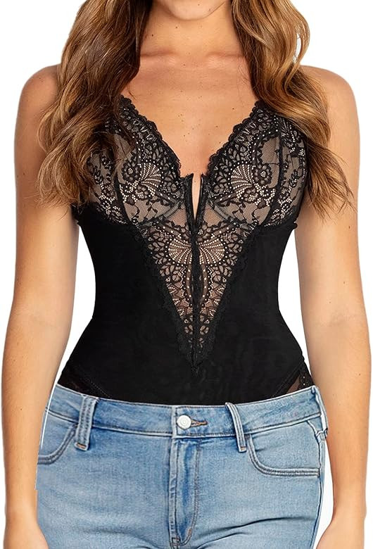 Popilush Lace Shapewear Bodysuit Women Tummy Control Backless Tank Tops V Neck Body Suit Thongs | Amazon (US)