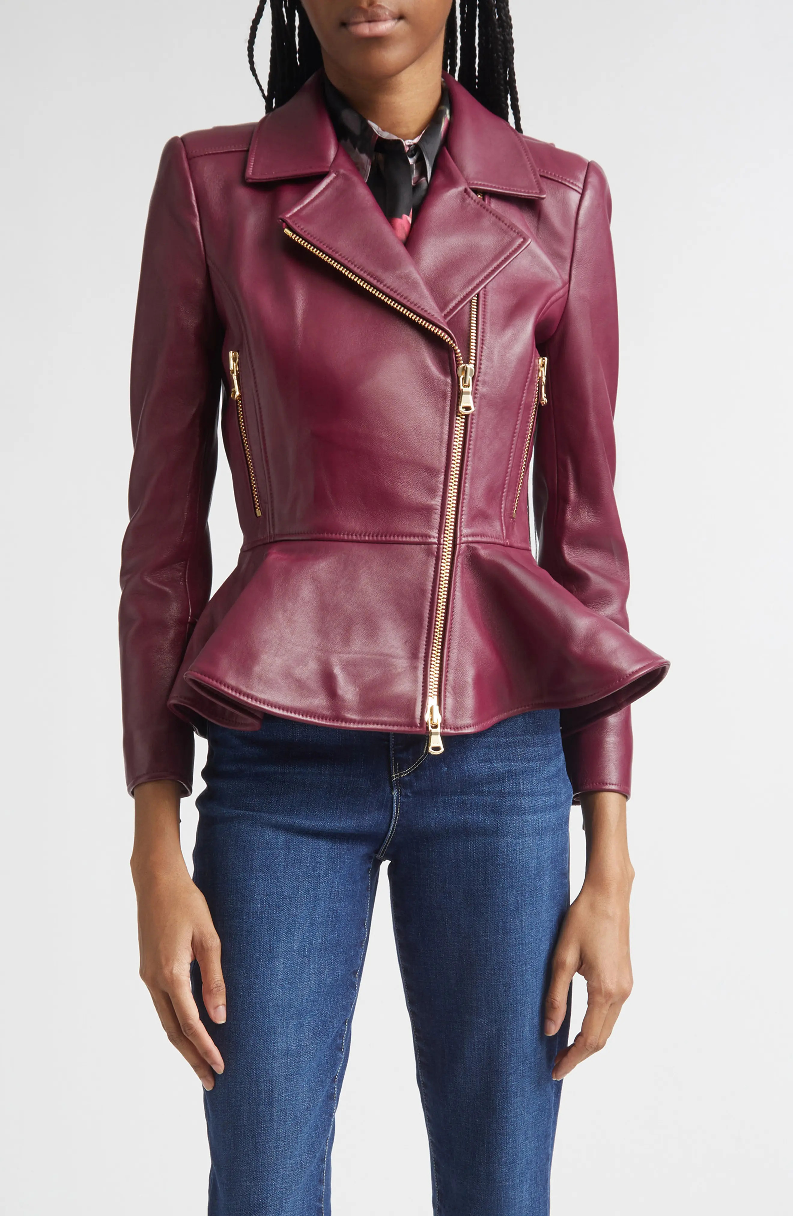 L'AGENCE Lyric Leather Peplum Biker Jacket in Rhododendron at Nordstrom, Size Xx-Small | Nordstrom