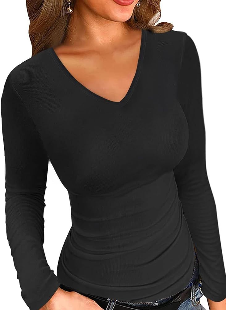 LOLONG V Neck T Shirts for Women Short/Long Sleeve Casual Ribbed Slim Fitted Tops | Amazon (US)