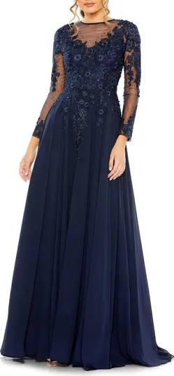 Embellished Lace Long Sleeve Mesh Ballgown | Nordstrom