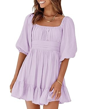 Dokotoo Womens Summer Dresses Square Neck Tie Back Lantern Sleeve Ruffle A-Line Casual Dress | Amazon (US)