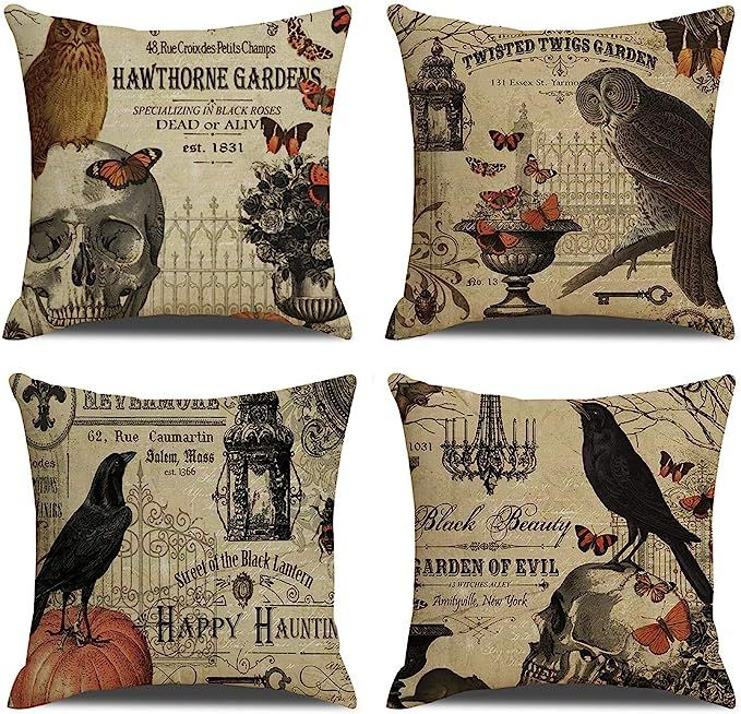 RUOAR Pack of 4 Vintage Halloween Pillow Case for Owl/Crow/Pumpkin/Skull Throw Pillow Covers Hall... | Amazon (US)