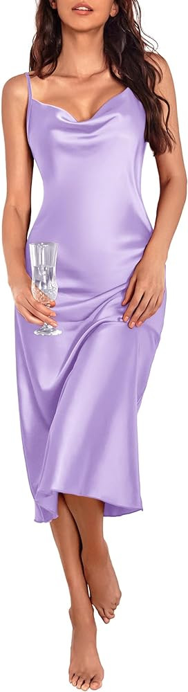 Ekouaer Womens Satin Nightgown Sexy Lingerie Sleepwear Spaghetti Strap Cowl Neck Elegant Long Sli... | Amazon (US)