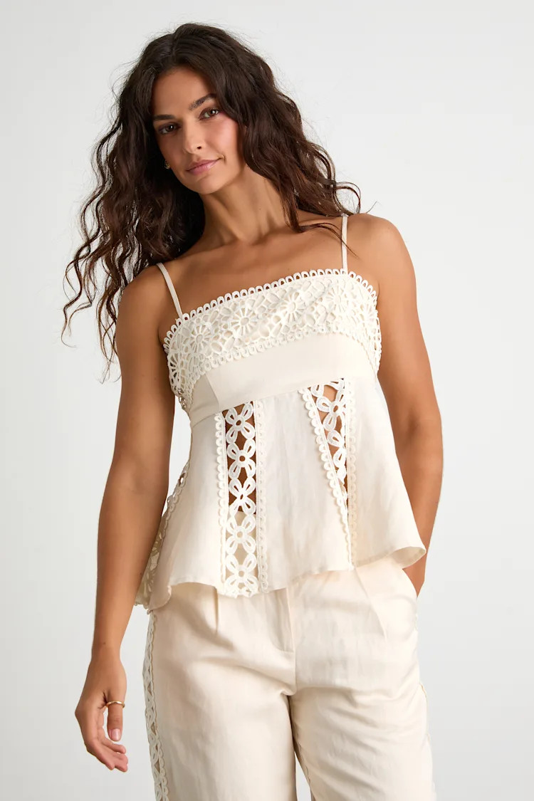 Vannah Ivory Linen Crochet Lace Tank Top | Lulus