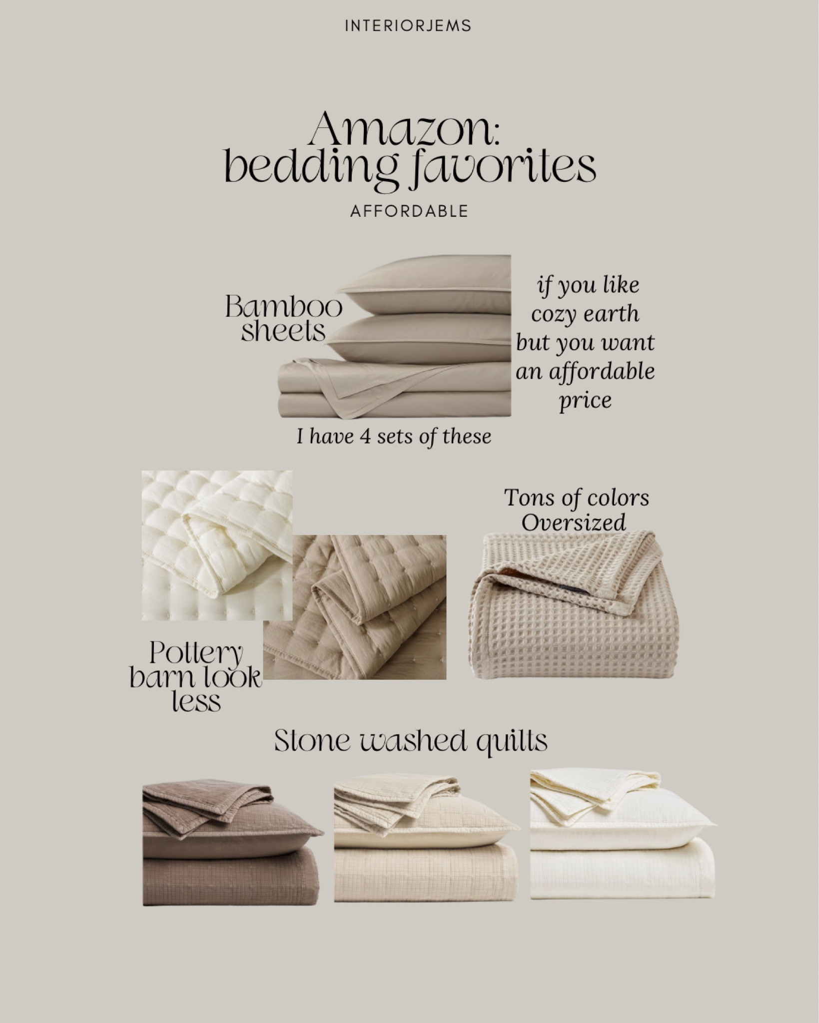 My very favorite bedding from Amazon, I do not have these stonewashed quilts, but they look gorgeous and I love that look, I do own four sets of the bamboo sheets. They are very similar to cozy earth except a lot more affordable, waffle wave bed blanket that is oversized and these pottery barn not look for less quilts look so similar And only $40. 

#LTKHome #LTKStyleTip #LTKSaleAlert