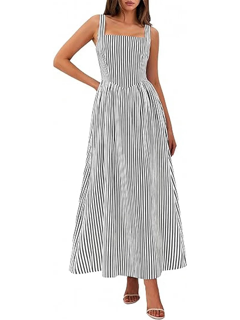 PRETTYGARDEN Women's Maxi Striped Dress Summer Sleeveless Square Neck Smocked A Line Long Flowy S... | Walmart (US)