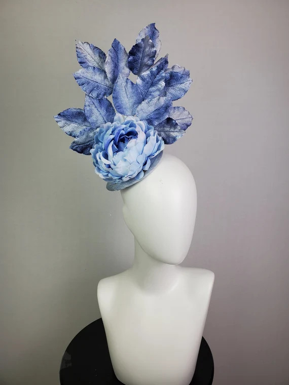 kentucky derby hat fascinator light blue sinamay with large blue flower rose and blue periwinkle ... | Etsy (US)