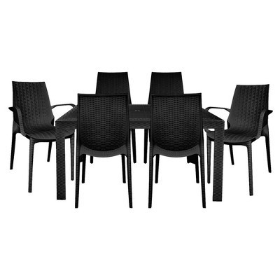 LeisureMod Kent Mid-Century 7-Piece Rectangular Outdoor Dining Set with 4 Side Chairs and 2 Armchairs in Black | Target