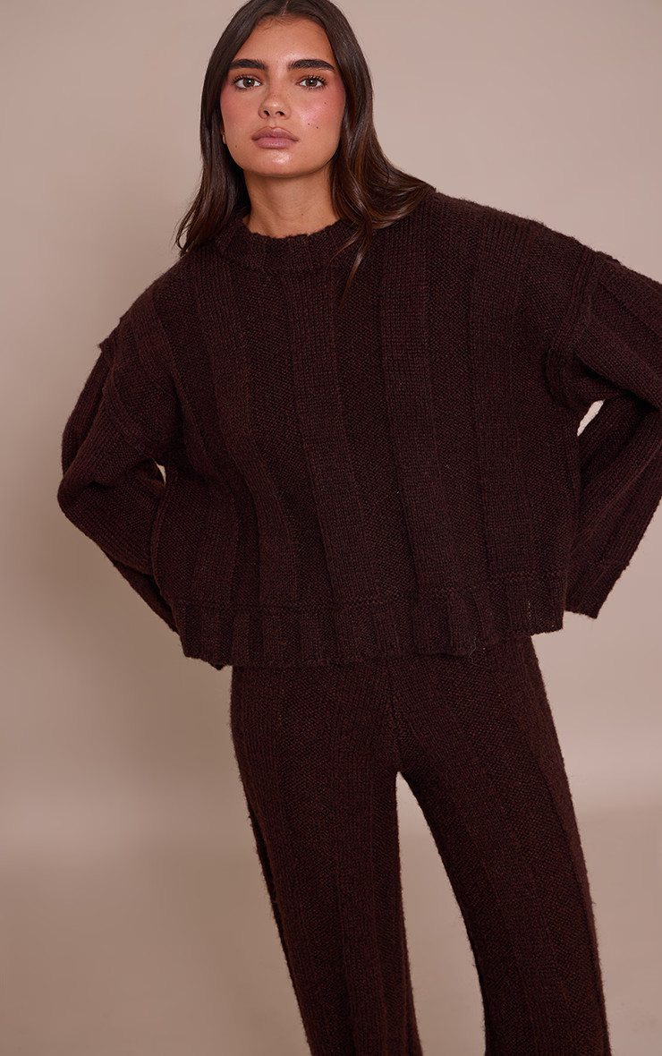 Dark Chocolate Thick Rib Knitted Crew Neck Jumper | PrettyLittleThing UK