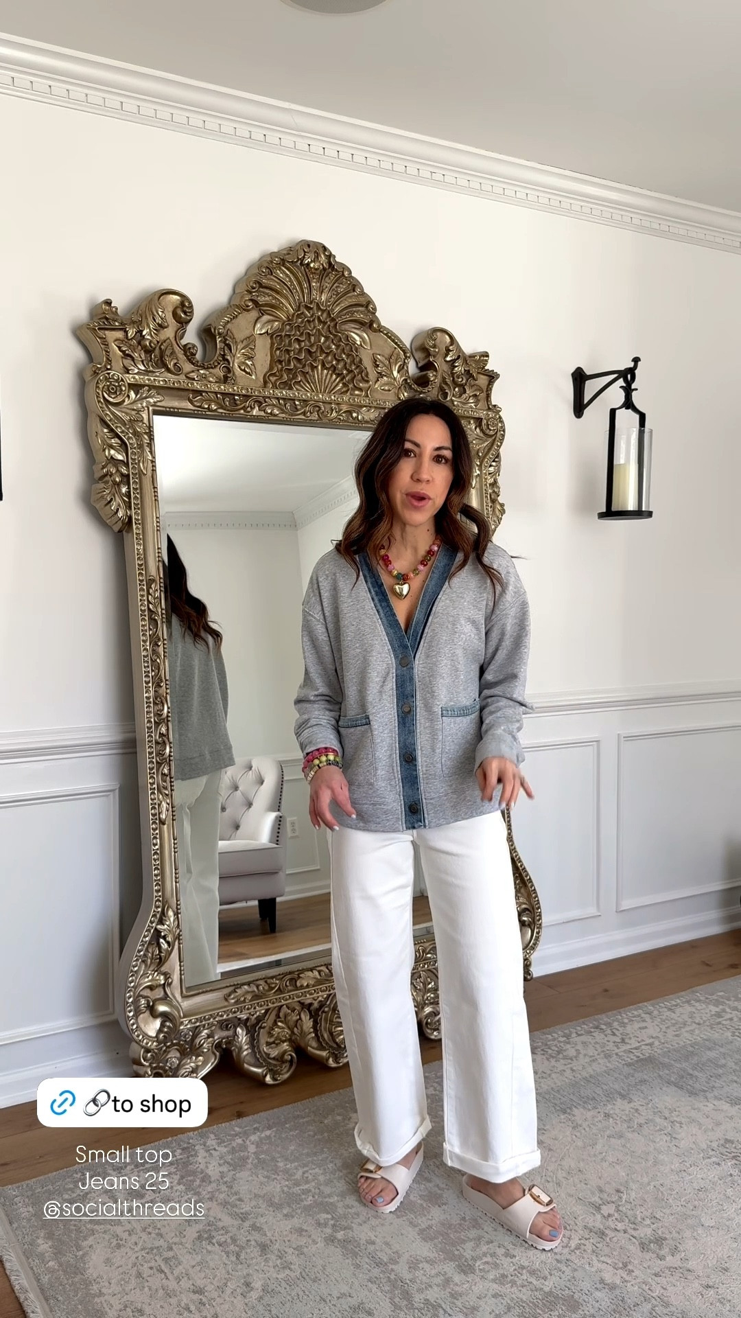 25 white barrel jeans. Small cardigan.

#LTKPetite #LTKOver40