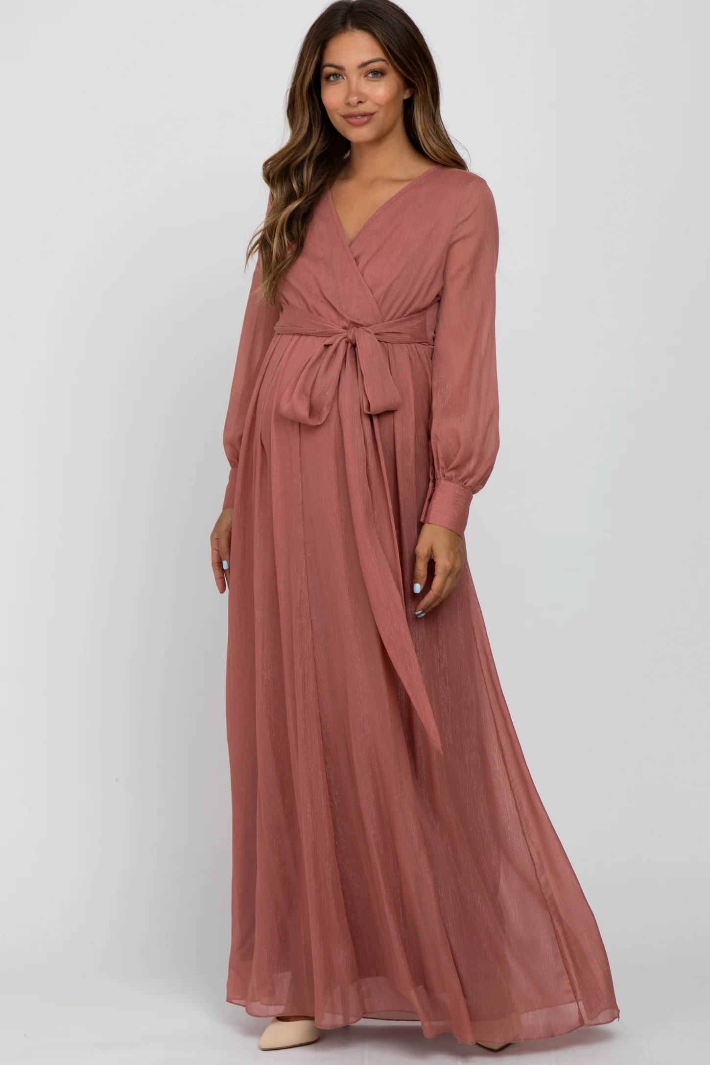 Pink Metallic Chiffon Maternity Maxi Dress | PinkBlush Maternity