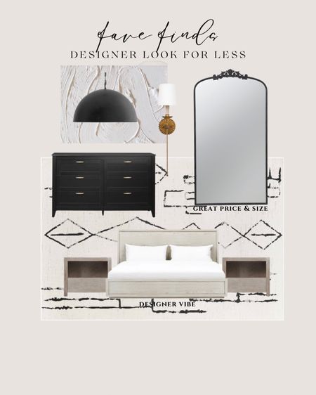 Bedroom designer look for less. Black dresser. Tall black mirror. Platform bed. Nightstands. Sconces. Gold scones. Dome chandelier.#LTKFind

#LTKhome #LTKsalealert