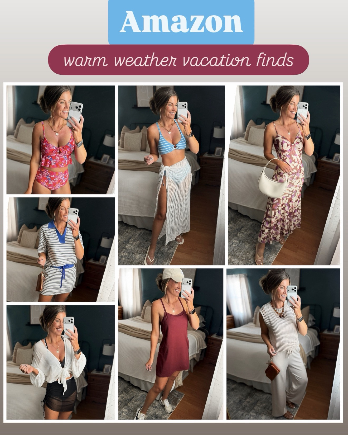 Amazon fashion finds for your next warm weather vacation. 
Wearing medium in all pieces. 
Returning the blue and white swimsuit for size large. I prefer a little more room in the bottoms. 

#LTKmomlife #LTKTravel