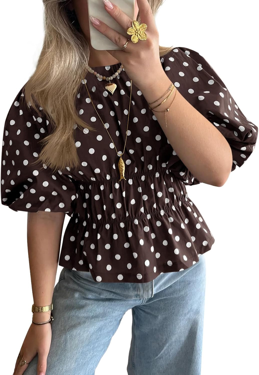 Cicy Bell Women Polka Dot Peplum Blouse Round Neck Puff Sleeve Summer Top | Amazon (US)