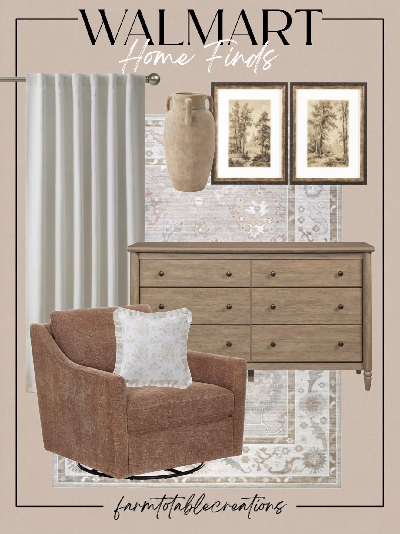 Walmart Cozy Neutral Bedroom Finds 🤎

Creating a warm, cozy bedroom is all about mixing soft textures with timeless pieces! This warm-toned swivel chair, vintage-inspired rug, neutral curtains, and natural wood dresser create such a relaxed, collected look. The oversized vase and framed landscape prints add just enough character without overwhelming the space.

I love how these Walmart finds blend creamy neutrals, soft taupes, and muted earthy tones for an elevated look that still feels comfortable and attainable.

Follow @farmtotablecreations on Instagram for more cozy home finds and trending decor.

#LTKHome #WalmartFinds #WalmartHome #WalmartStyle #BedroomInspo #CozyBedroom #NeutralHome #WarmNeutrals #AffordableDecor #HomeDecor #DesignerInspired #CozyHome #LTKFinds

#LTKHome #LTKSaleAlert