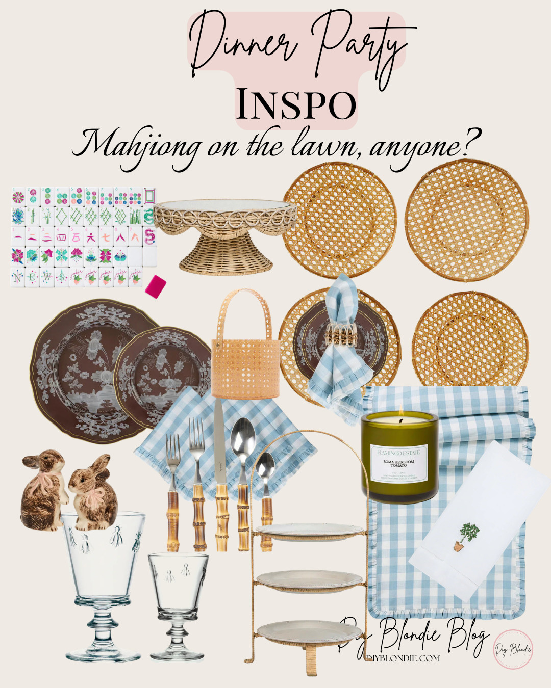 Outdoor dinner party inspo 🌿✨ mahjong night setup, blue gingham table decor, rattan placemats, bamboo flatware, spring entertaining ideas, garden party aesthetic, southern hostess style, outdoor tablescape, preppy home decor, spring hosting essentials, classic entertaining style, backyard dinner party 

 