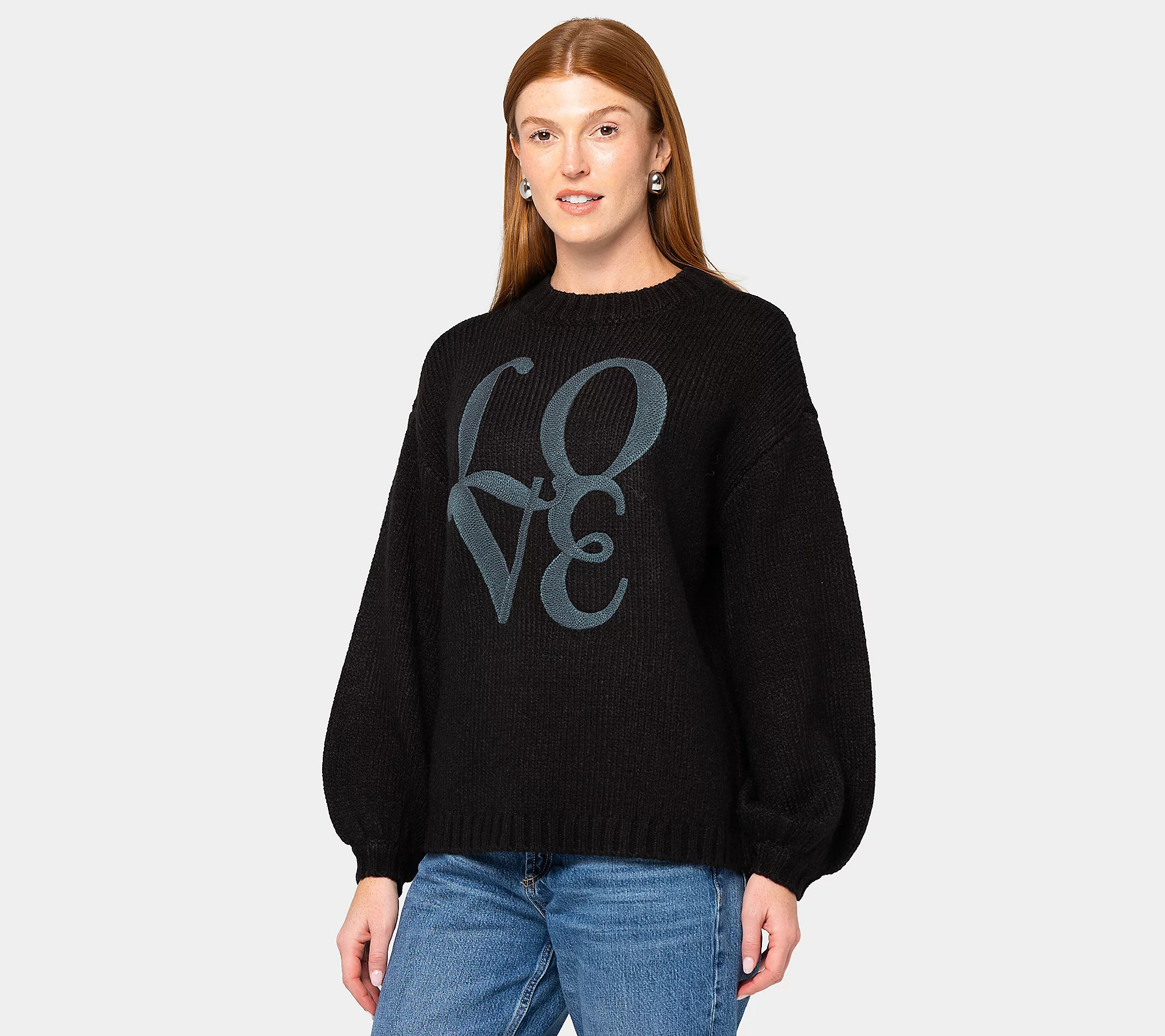 As Is Peace Love World Stripe Lantern Sleeve Sweater | QVC