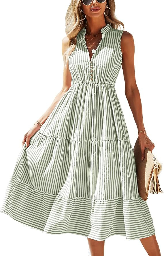 BROVAVE Womens 2026 Summer Sleeveless Shirt Dress Collar Striped V Neck Casual Midi Dresses | Amazon (US)