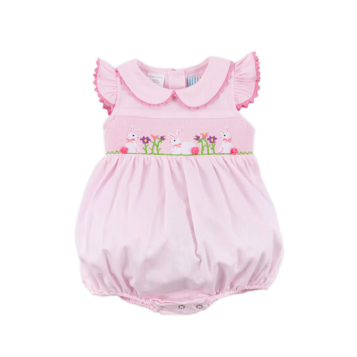 Easter Celebration Pink Pique Smocked Collared Bubble | Classic Whimsy