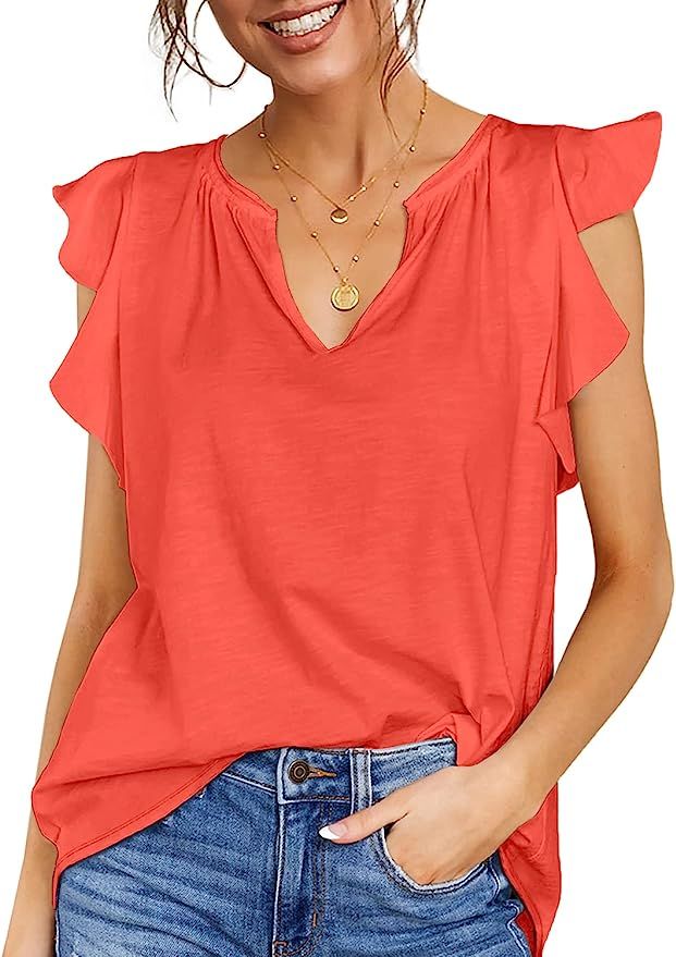 Kikula Womens Sleeveless Tops V Neck Cap Sleeve T Shirts Casual Loose Summer Ruffled Tank Tops ... | Amazon (US)