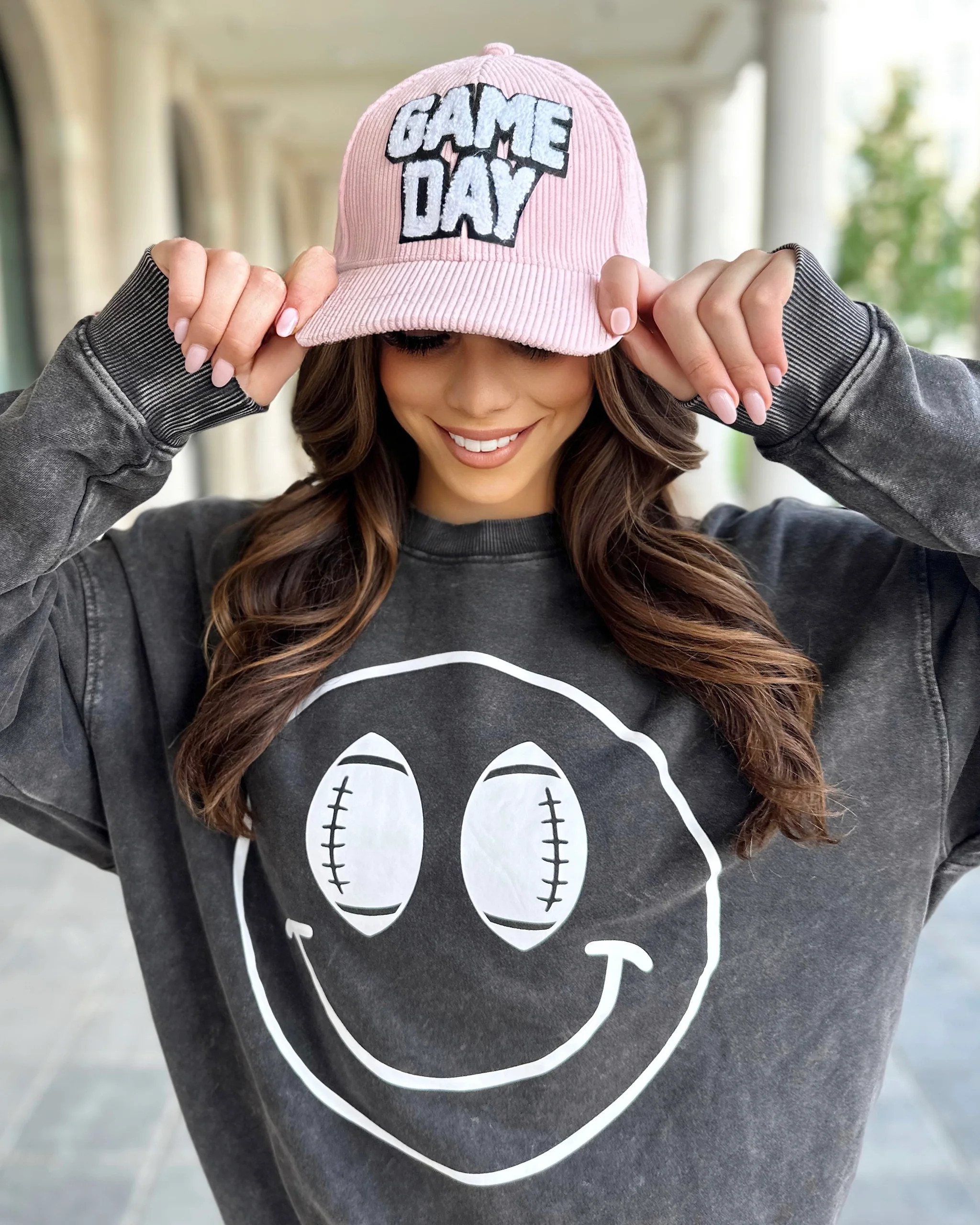 Light Pink Sherpa-Letter Corduroy “GAME DAY” Cap | Live Love Gameday®