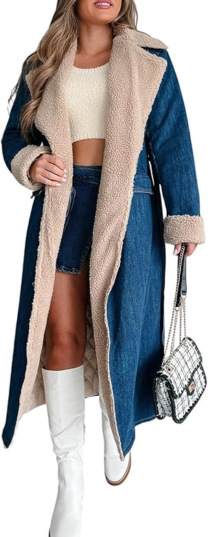 yoeasy Womens Warm Winter Sherpa Fleece Lined Long Denim Coat Windproof Thick Denim Trench Coat w... | Amazon (US)