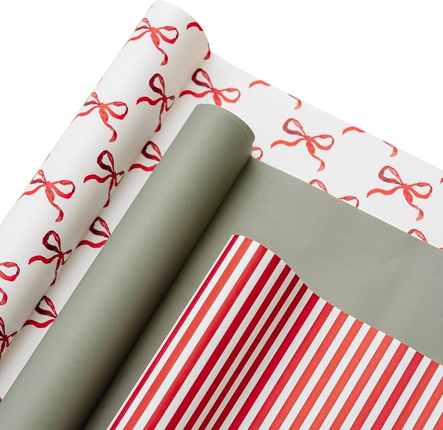 Merry Market 3-pack Premium Matte Christmas Wrapping Paper, Minimal Holiday Gift Wrap, Bows, Soli... | Amazon (US)
