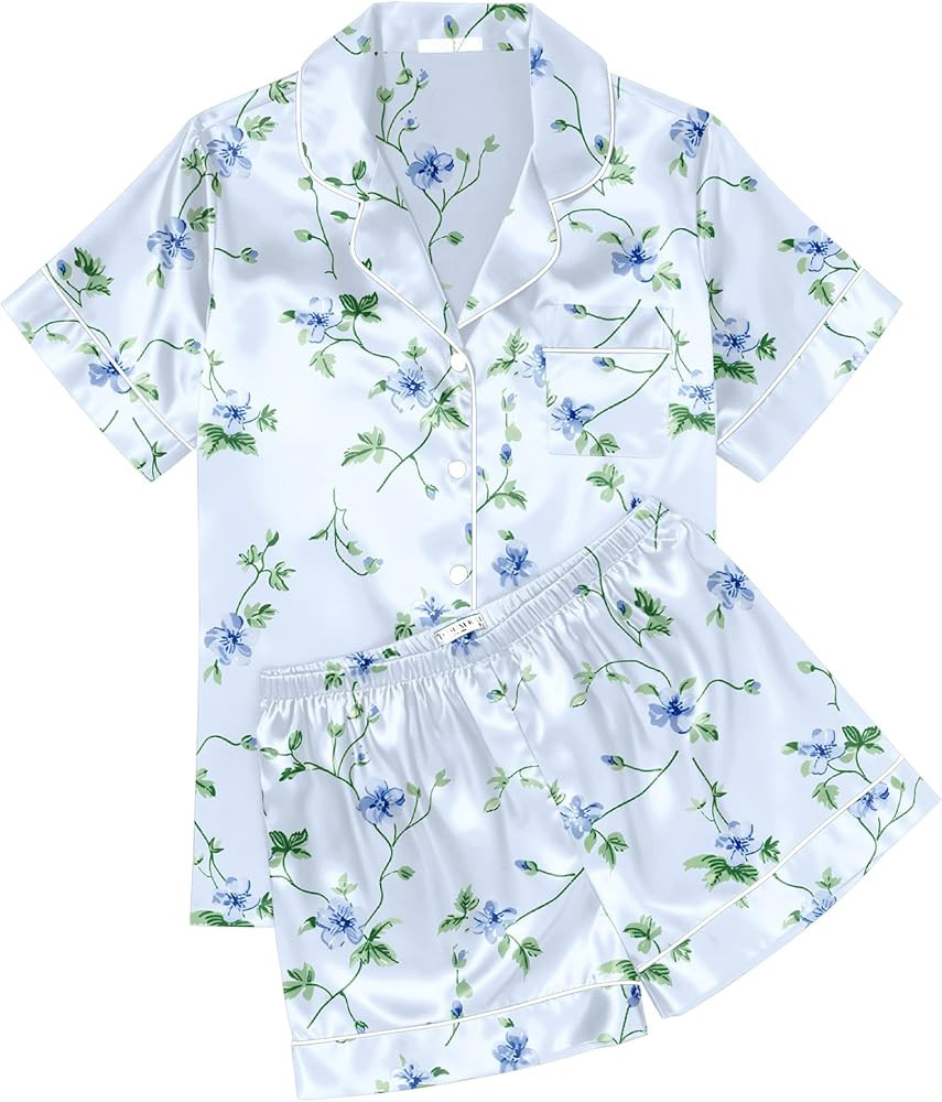 Ekouaer Womens Silk Satin Pajama Sets Soft Short Sleeve Button Down Sleepwear Top and Shorts 2 Pi... | Amazon (US)