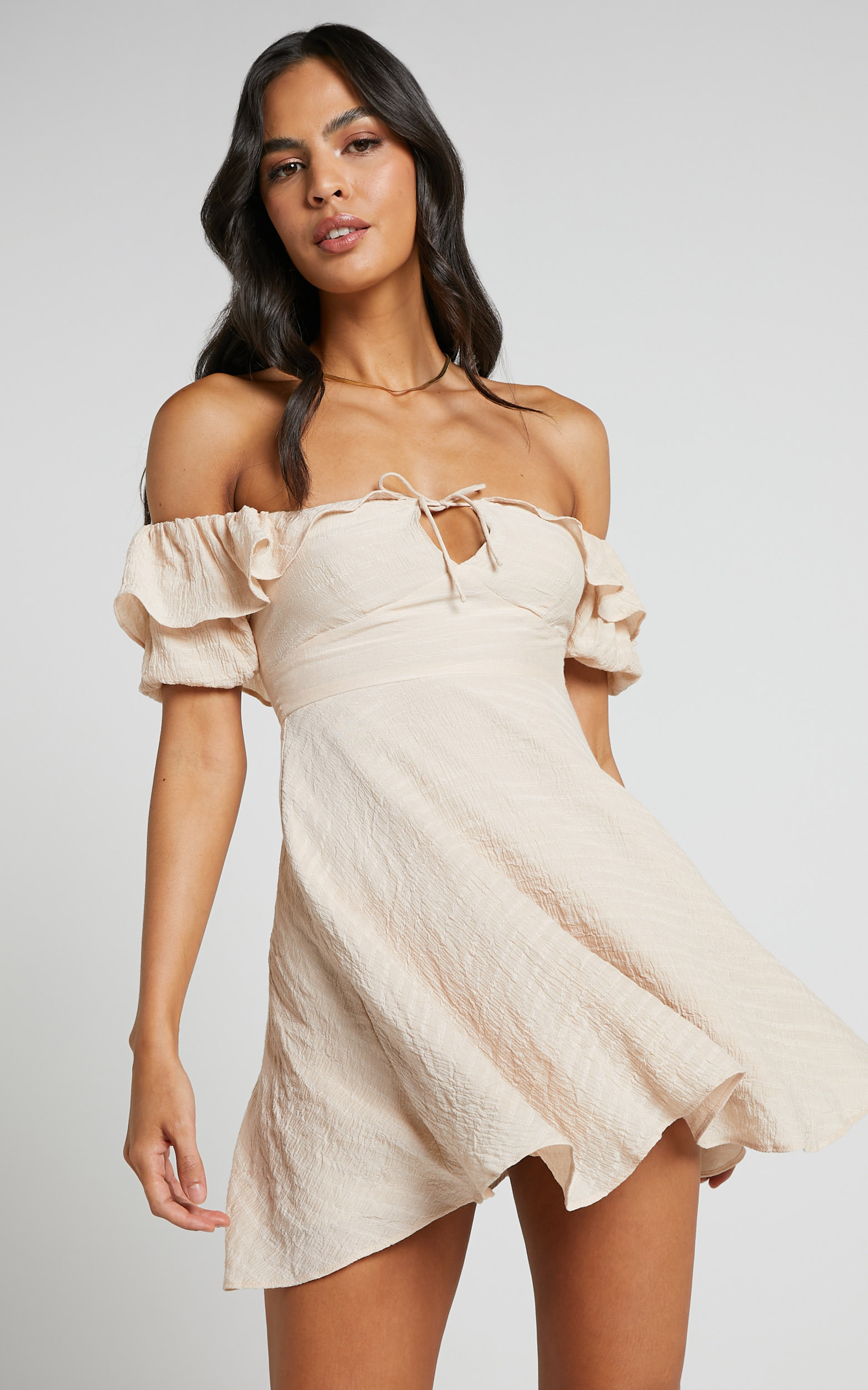 Canthe Frill Detail Puff Sleeve Off Shoulder Skater Dress in Beige | Showpo (US, UK & Europe)