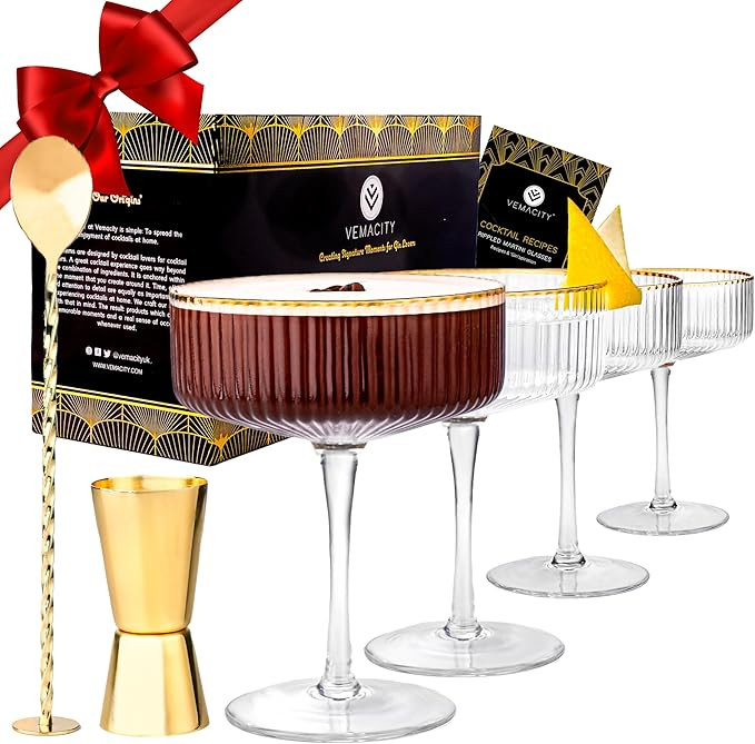 VEMACITY Ribbed Coupe Glasses Set of 4 with Gold Rims, Bar Spoon & Jigger | 10oz Coupe Cocktail G... | Amazon (US)