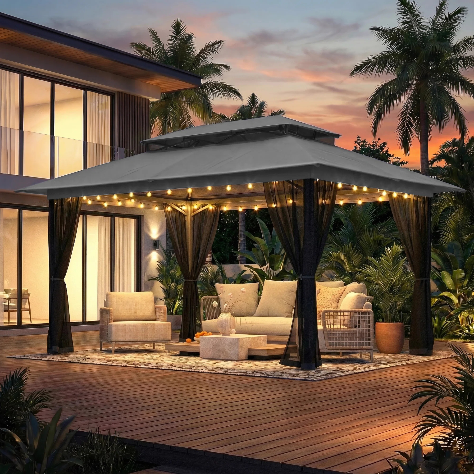 10x13 Gazebo, Outdoor Patio Gazebo With Mosquito Netting, Double Roof Metal Gazebo, Canopy For Ba... | Wayfair North America