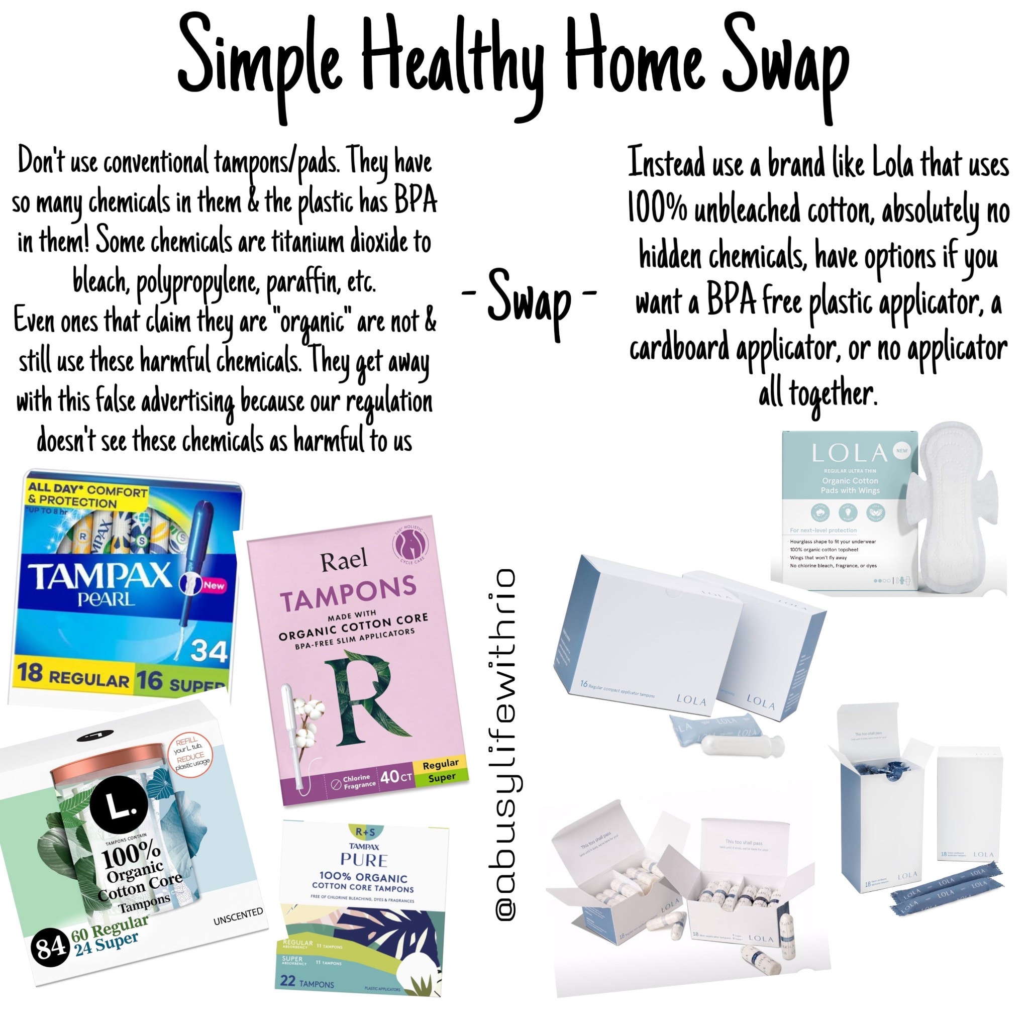 This is a HUGE healthy swap women need to do! Our feminine products like tampons & pads contain such harmful ingredients like titanium dioxide to bleach the cotton, polypropylene, paraffin, & more!! Even brands that have came out with “organic” products STILL HAVE harmful chemicals in them! They get away with this marketing because of our federal regulations. 
So be aware & mindful when making the swap to a healthy choice! Simply just turn the box around & you will see the list of ingredients. 
My favorite brand that I use for me & my daughter is Lola! They are 100% cotton with no bleaching & no hidden chemicals! They have different options for everyone incase you want a cardboard applicator, no applicator what so ever, or a plastic applicator that is BPA free!! They do have their own website also if you don’t want to purchase on Amazon. 


#tampons #pads #organic #healthyswaps #feminineproducts #womenproducts #organictampons #organicpads #healthywomen 

#LTKHome #LTKFindsUnder50