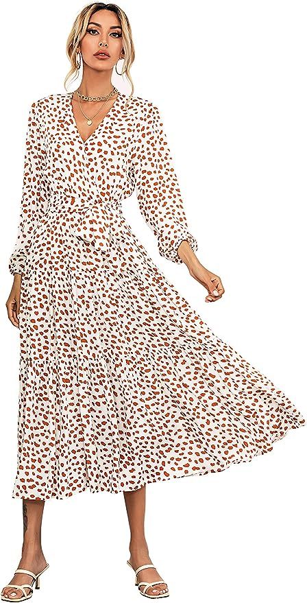 R.Vivimos Women's Fall Cotton Long Sleeves Irregular Polka Dot V Neck Casual Flowy Midi Dress | Amazon (US)