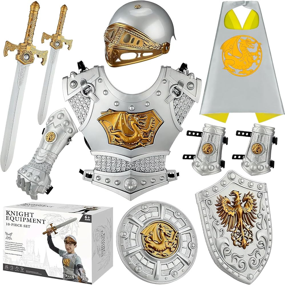 Kids Medieval Knight Armor Costume Set with Helmet, Shields, Chest Piece, Swords and Cape, Hallow... | Amazon (US)
