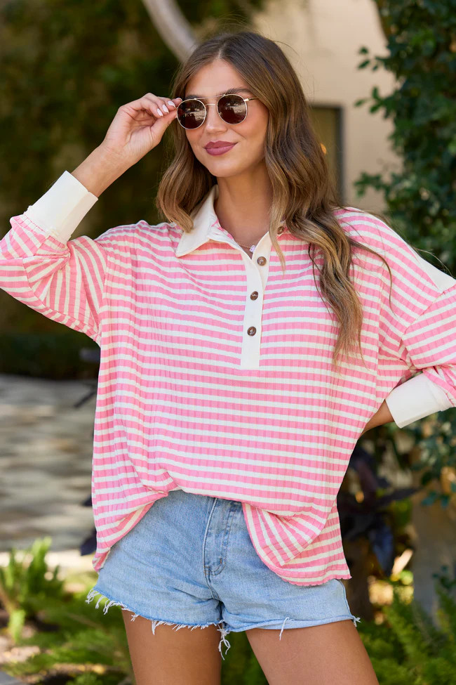 This Is The Life Pink And Ivory Stripe Oversized Henley Top | Pink Lily