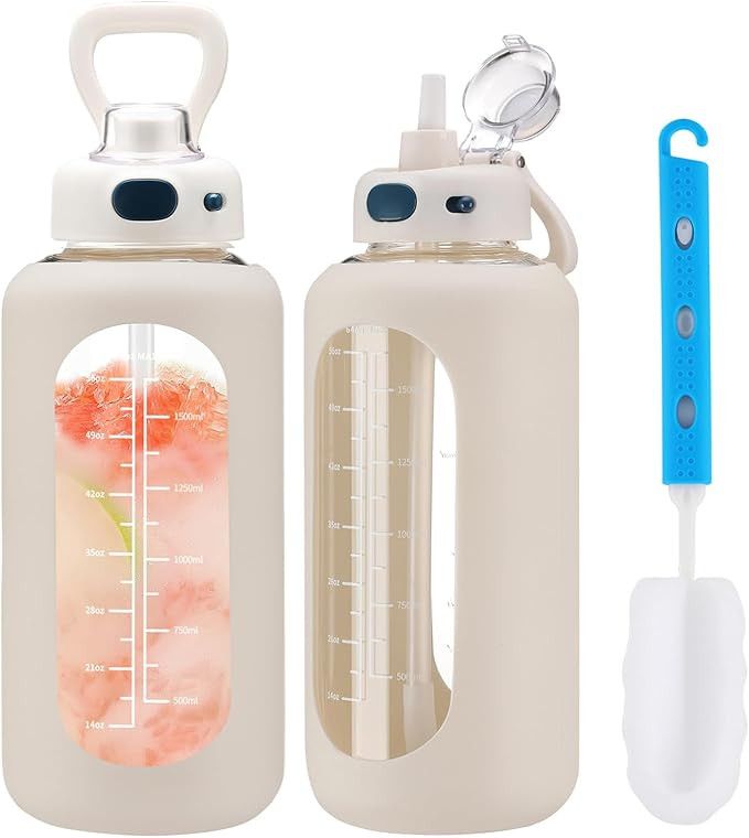 SIEROZUR 64 oz Glass Water Bottle with Straw Half Gallon Motivational Water Bottle with Silicone ... | Amazon (US)
