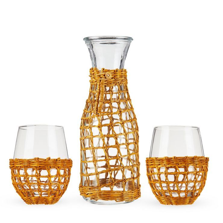 Twine Island Wine Glasses with Carafe, Stemless Glassware with Seagrass Wrap for Night Stand, Dis... | Target