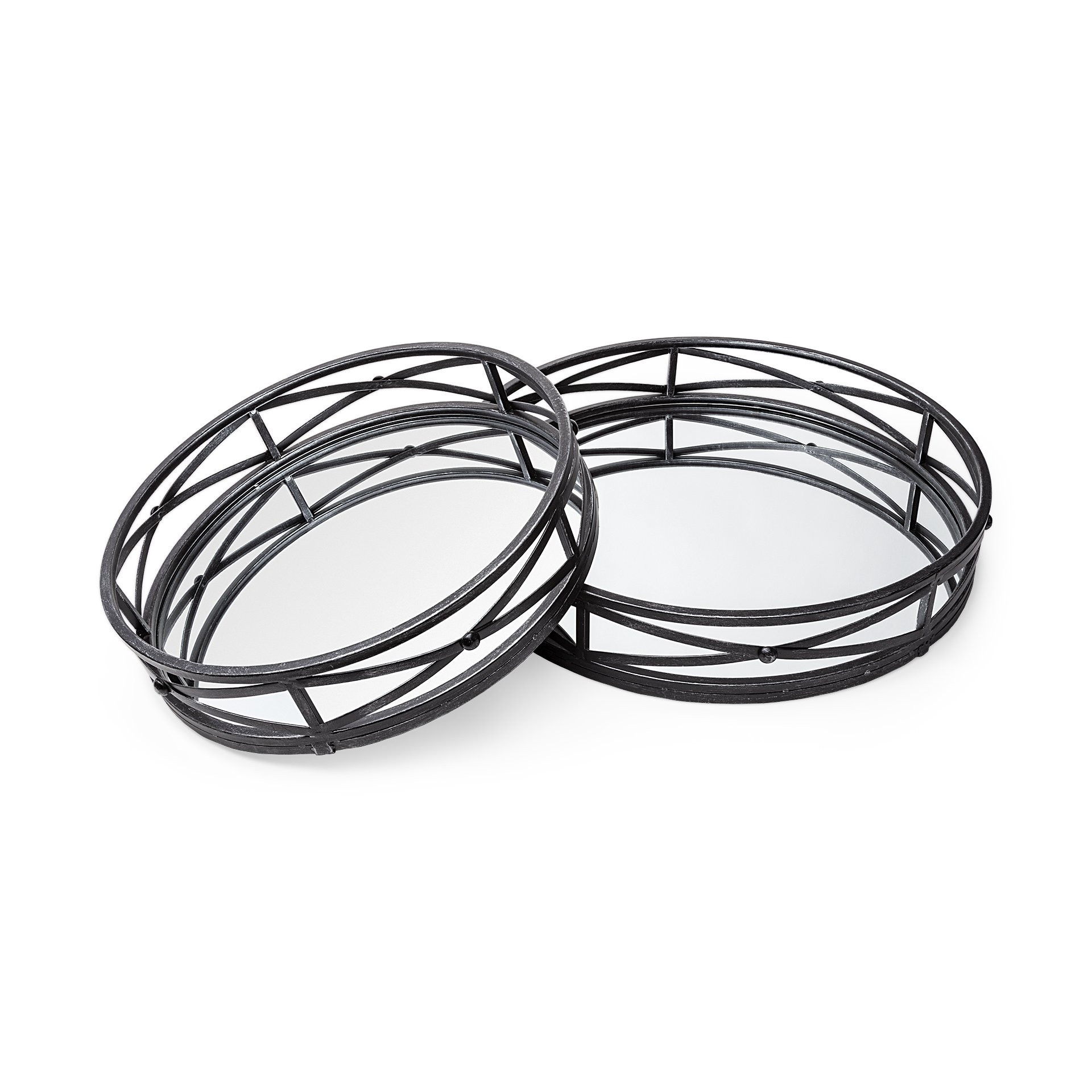 Piers Metal Mirrored Round Trays Set of 2 In Black | 1stopbedrooms