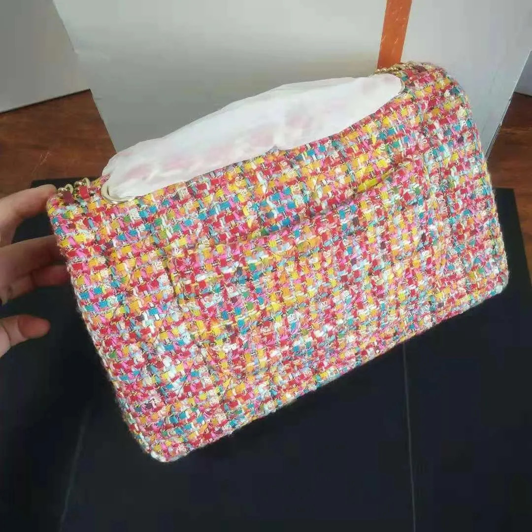 Colorful Two Tone Tweed Classic Double Flap Bags Red Large Capacity Gold Metal Matelasse Chain To... | DHGate