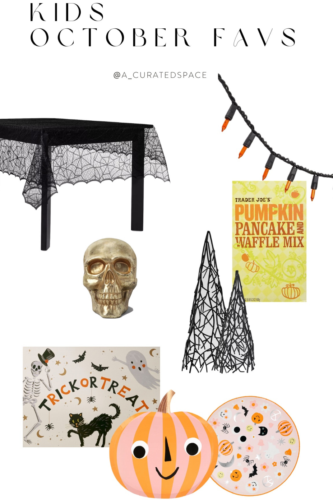 Every October 1st I do a fun Halloween themed breakfast to kick start the month of Halloween + my kids love it! Here are some of my favorite products/decor I used this year. 

Use these as an inspiration to create your own memories. Remember it doesn’t take much to make things festive + fun for kids! 🎃