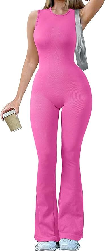 OQQ Women Yoga Jumpsuits Ribbed Crew Neck Sleeveless Bell Bottoms Flare Jumpsuits | Amazon (US)